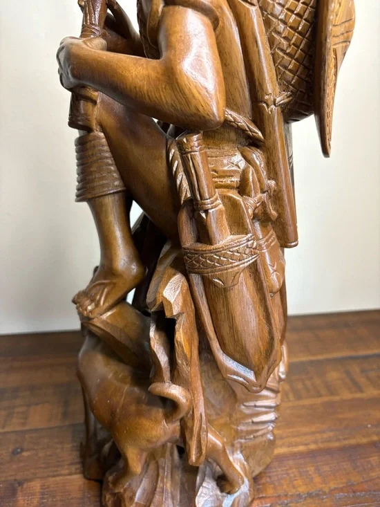 Vintage Folk Art Hand- Carved Wood Sculpture Depicting A Tribal Man - Picture 12 of 16